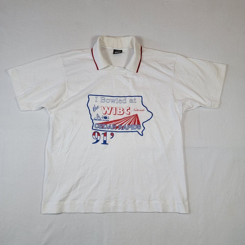 VTG 1991 Bowling Collared T-Shirt Sz L Screen‎ Stars WIBC Nationals Cedar Rapids